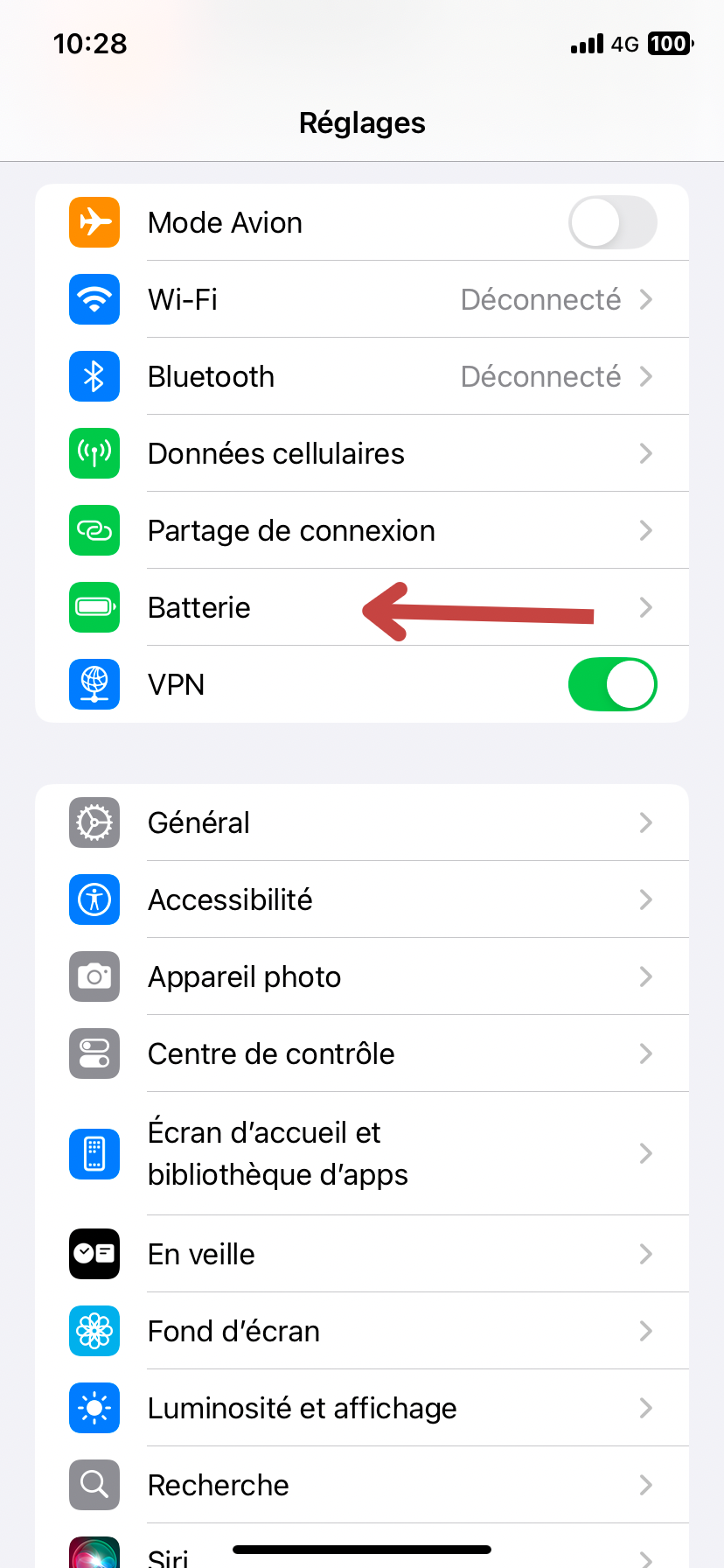 Pour vérifier l’état de votre batterie, rendez-vous dans « Réglages », « Batterie »