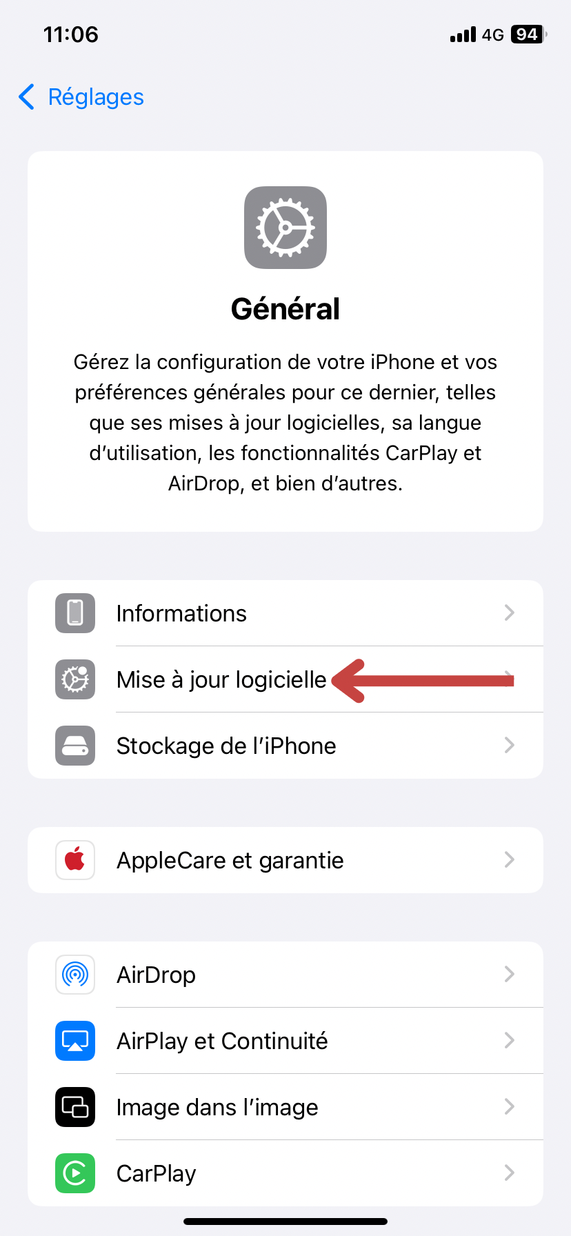 vérifier si les mises à jour nécessaires ont été effectuées. Cliquez sur l’icône « Réglages », puis sélectionnez « Général » et vous trouverez l’option « Mise à jour logicielle ».