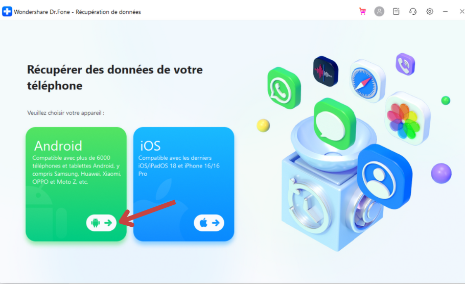 Branchez votre téléphone Android sur l’ordinateur. Dès que le logiciel détecte le mobile, vous êtes redirigé vers un nouvel écran sur lequel vous pourrez choisir tous les types de fichiers que vous voulez récupérer sur l’appareil Android.