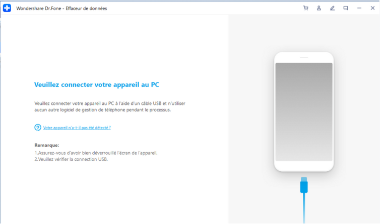 Puis, branchez votre téléphone Android sur l’ordinateur en utilisant un câble authentique pour que les données soient accessibles. Vérifiez si l’option de débogage USB reste activée.  