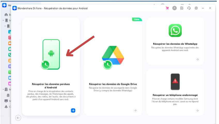 Dès que le logiciel détecte le mobile, vous êtes redirigé vers un nouvel écran sur lequel vous pourrez choisir tous les types de fichiers que vous voulez récupérer sur l’appareil Android.