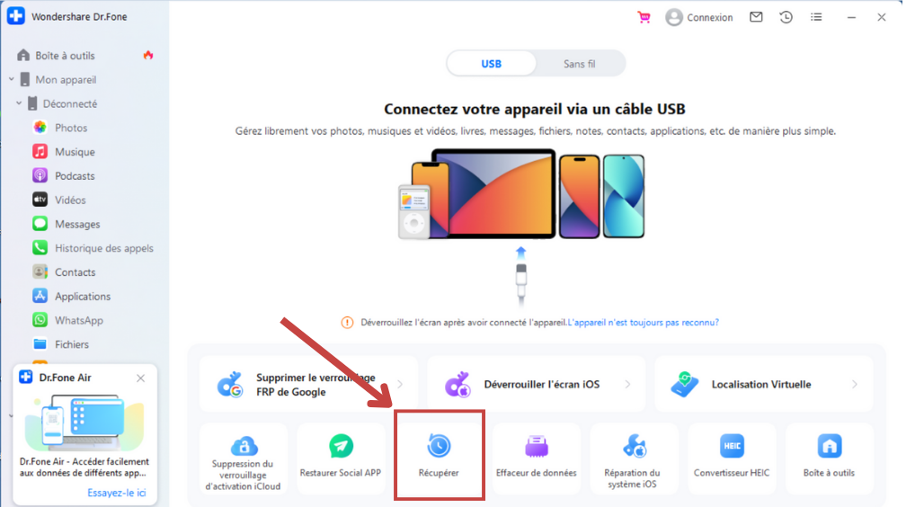 Ensuite, ouvrez la boîte à outils, puis dans l’onglet Récupération de données, choisissez l’option « Récupérer les données perdus d’Android », dans la liste qui se déroule.