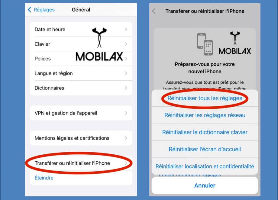 réinitialisation de tous les réglage