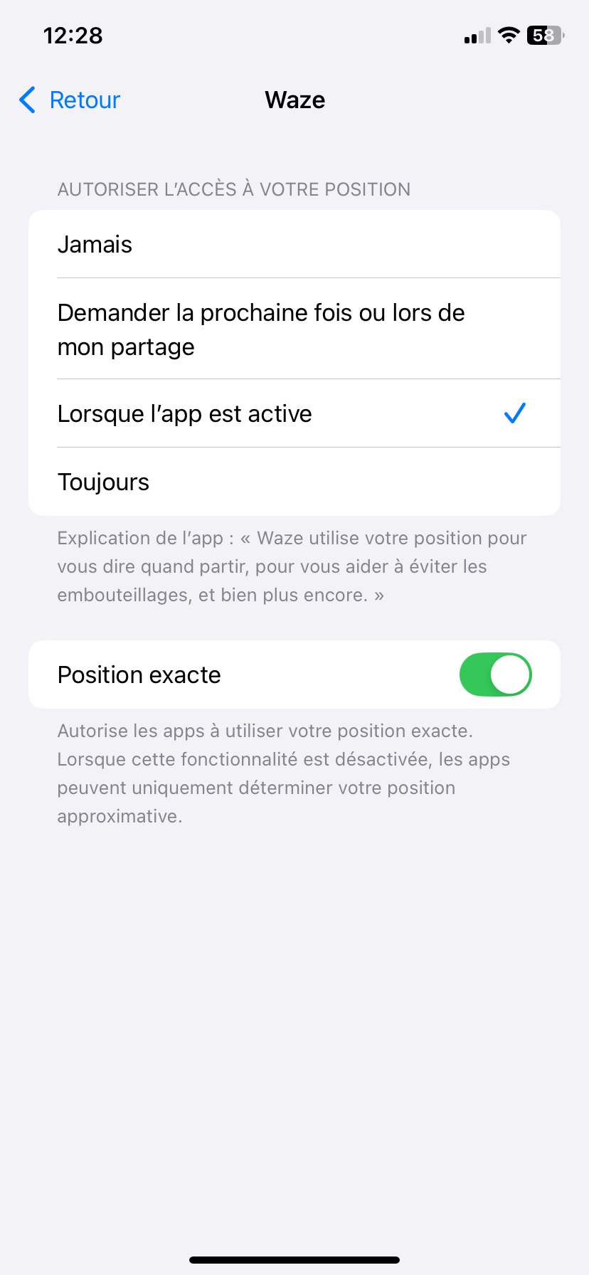 Vérifiez si le service de localisation est bien activé et qu’il est placé sur « Toujours » ou « Lors de l’utilisation de l’application »