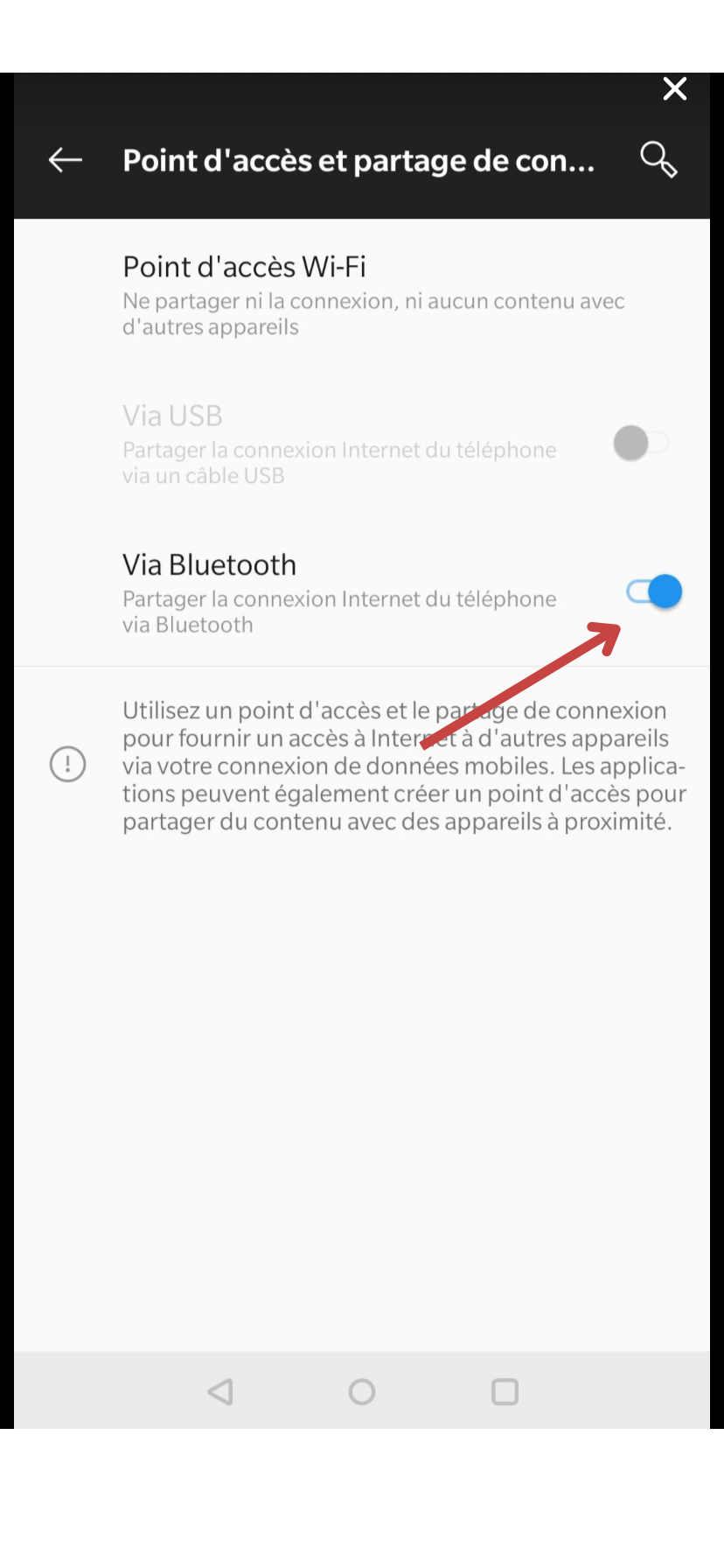 Rendez-vous dans les paramètres afin d’activer le Bluetooth pour les deux appareils.
Associez les mobiles avec les options : Paramètres > Bluetooth
Activez enfin le partage via le Bluetooth.