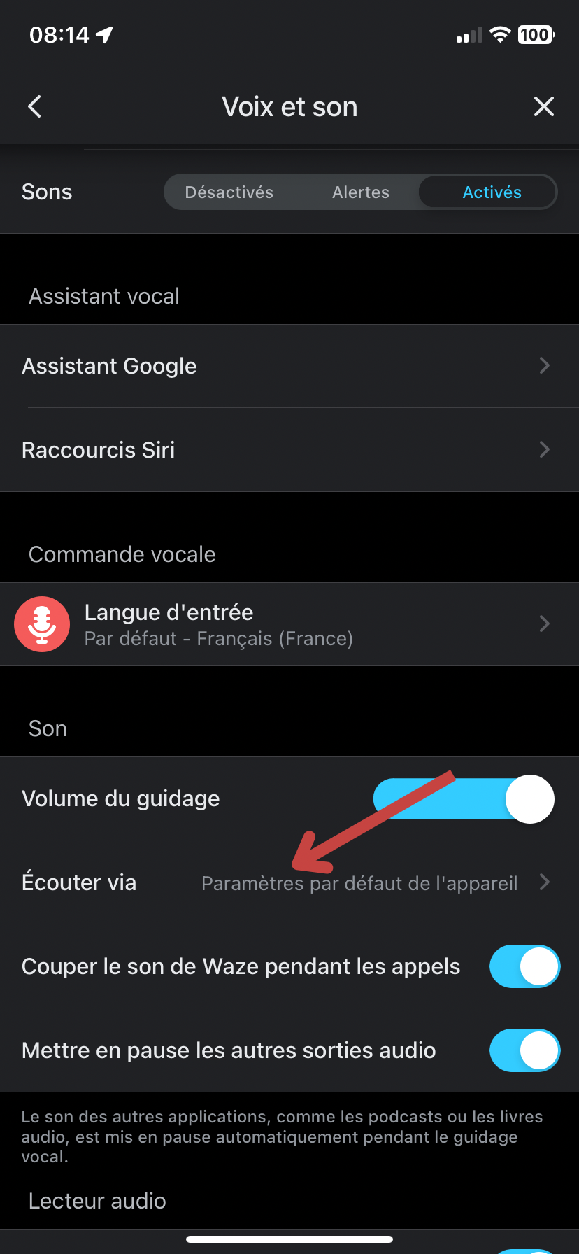 sur « Ecouter le son via » 