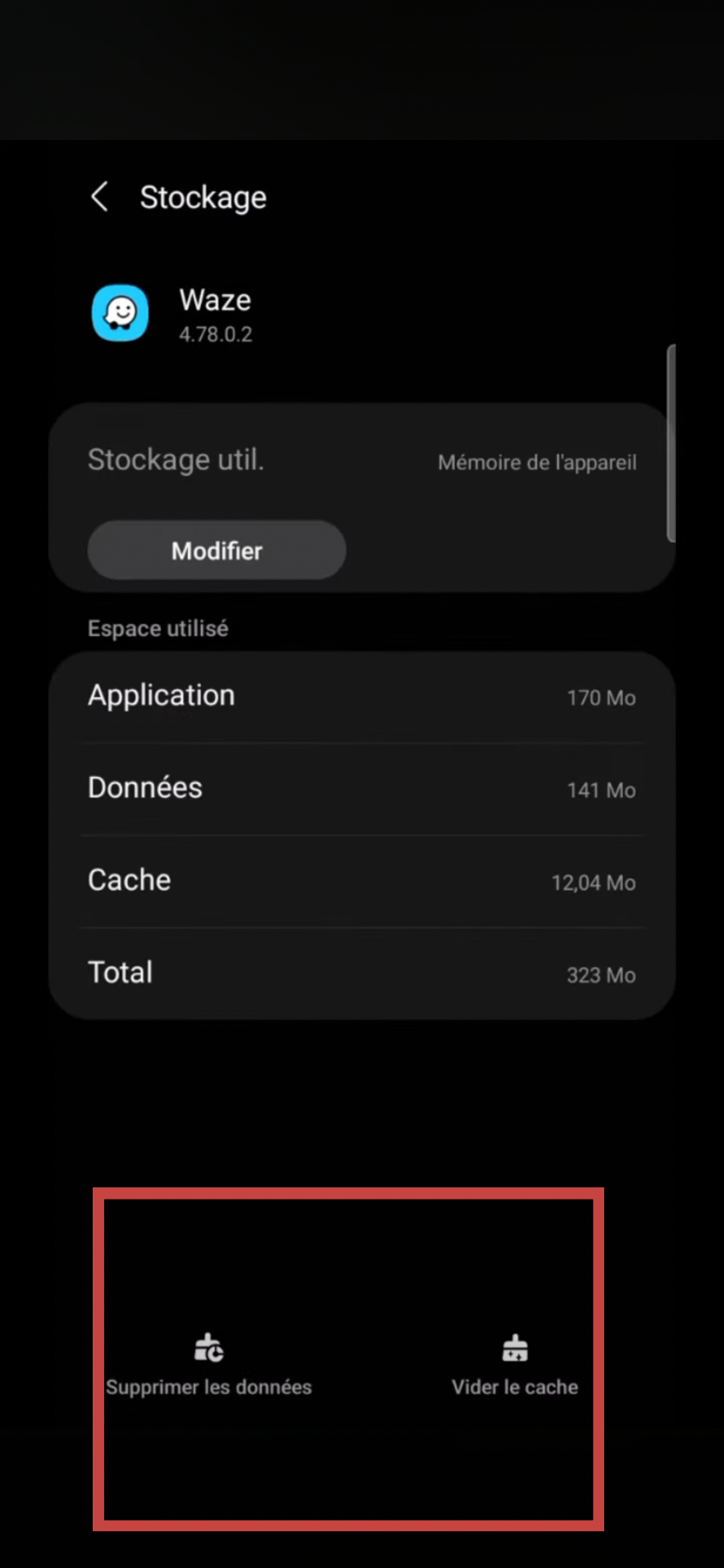 puis appuyez sur «Supprimer les données » ou « Videz le cache »