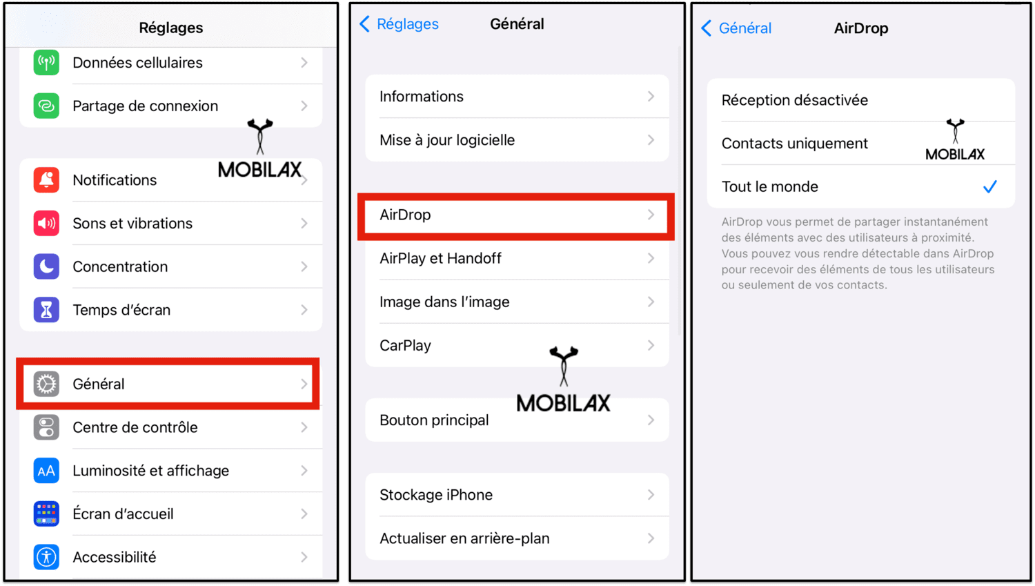 activer le service de partage AirDrop sur le smartphone iPhone