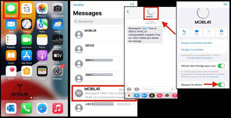 dissimiler les alertes sms d'un contact