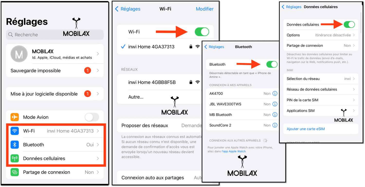 Activer données cellulaires, Bluetooth et Wi-Fi