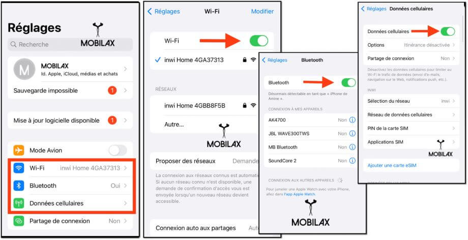 Activer données cellulaires, Bluetooth et Wi-Fi