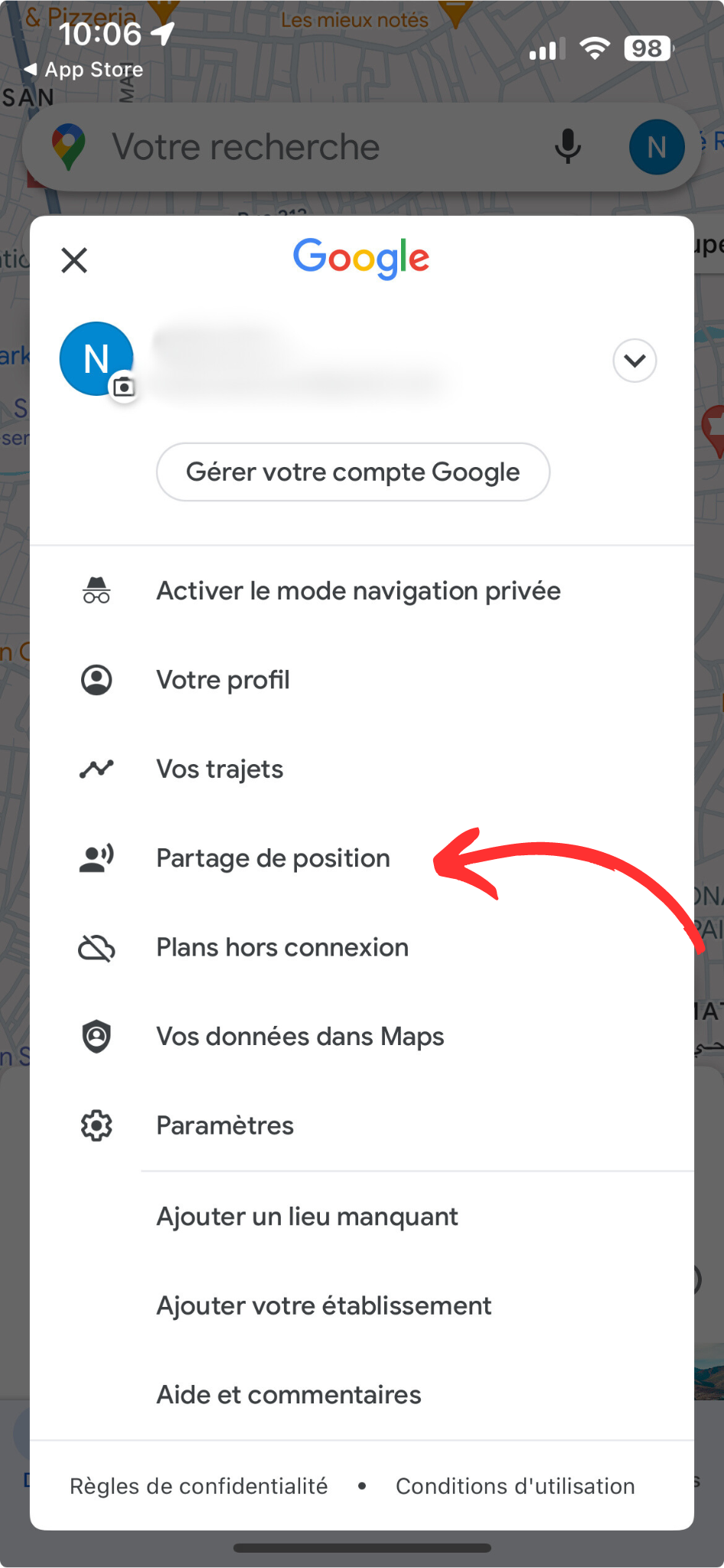 partage-position-réglage-google-maps Sélectionnez « Partage de position » dans le menu déroulant.