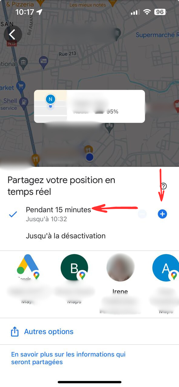 partage-temps-reel-google-maps Choisissez la durée du partage : 15 minutes, 1 heure, 1 jour ou indéfiniment jusqu’à désactivation manuelle.
