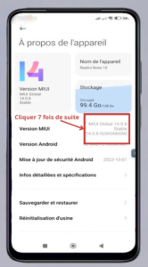 Ensuite, cliquez sept fois sur le numéro de version qui se trouve sous « Version MIUI ».
