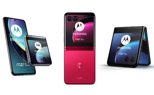 Le Motorola Razr 40 Ultra (l’Infinite Black, le Viva Magenta et le Glacier Blue)