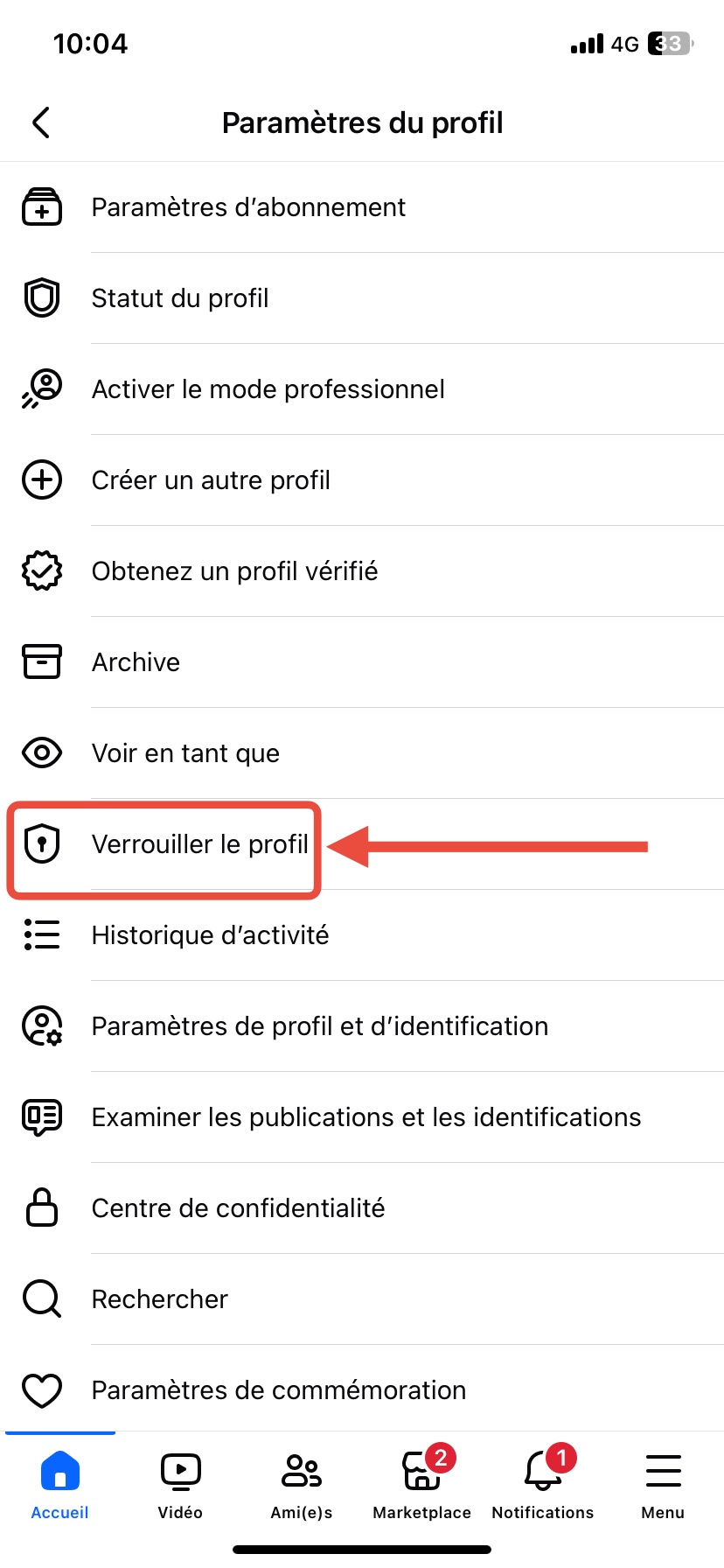 Sélectionnez « Verrouiller le profil » dans la liste des options.