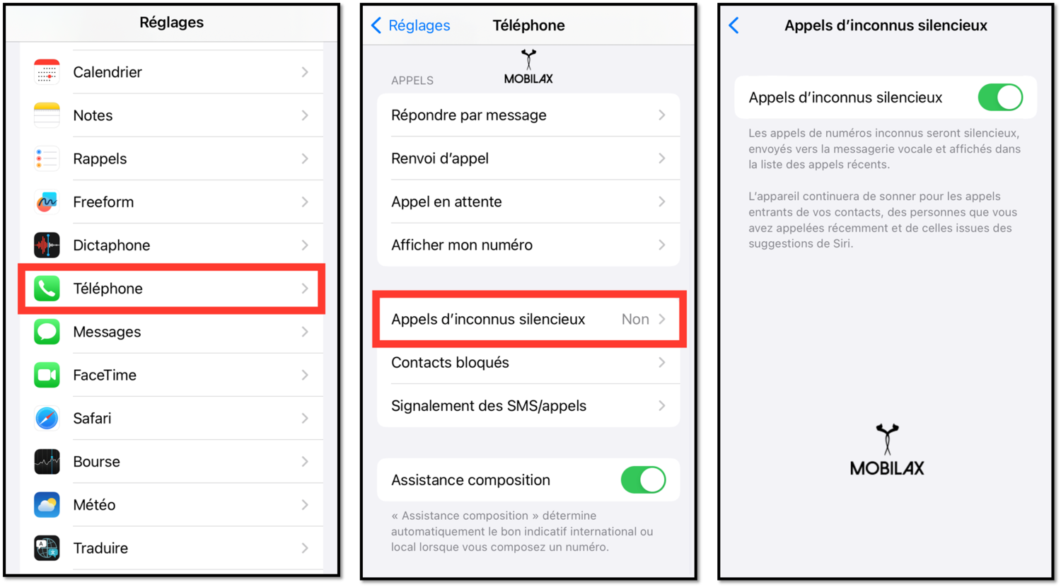 activer l’option Appels d’inconnus silencieux