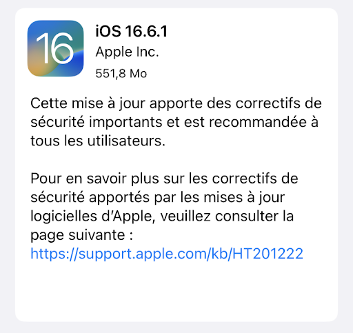 Mise à jour du logiciel (dernière version iOS) 