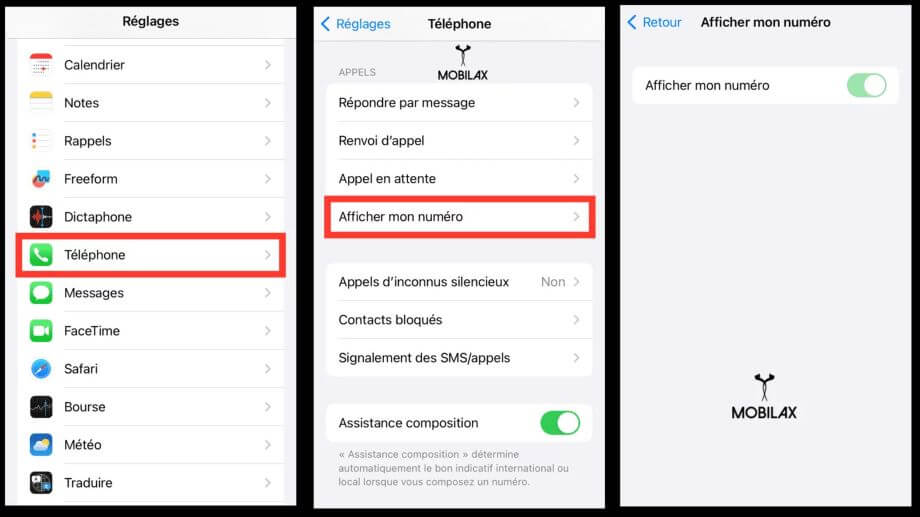 option afficher numero de telephone 