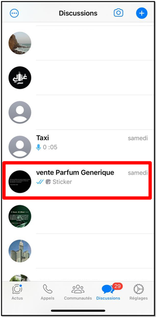 sélectionnez la discussion avec l’entreprise que vous voulez signaler