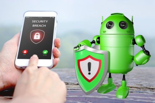 Main tenant un smartphone affichant "SECURITY BREACH" avec un robot vert tenant un bouclier de sécurité à côté.