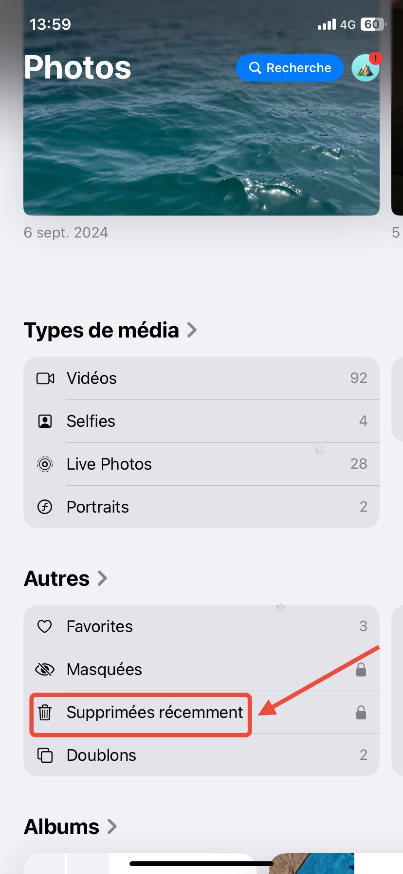Accédez à la catégorie Albums et en bas du menu, cliquez sur « Supprimés récemment ».