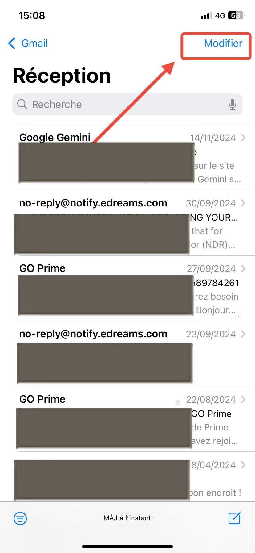 Sélectionnez la boîte mail puis ouvrez la Corbeille.
Appuyez sur Modifier > Tout sélectionner ou choisissez les emails à effacer.