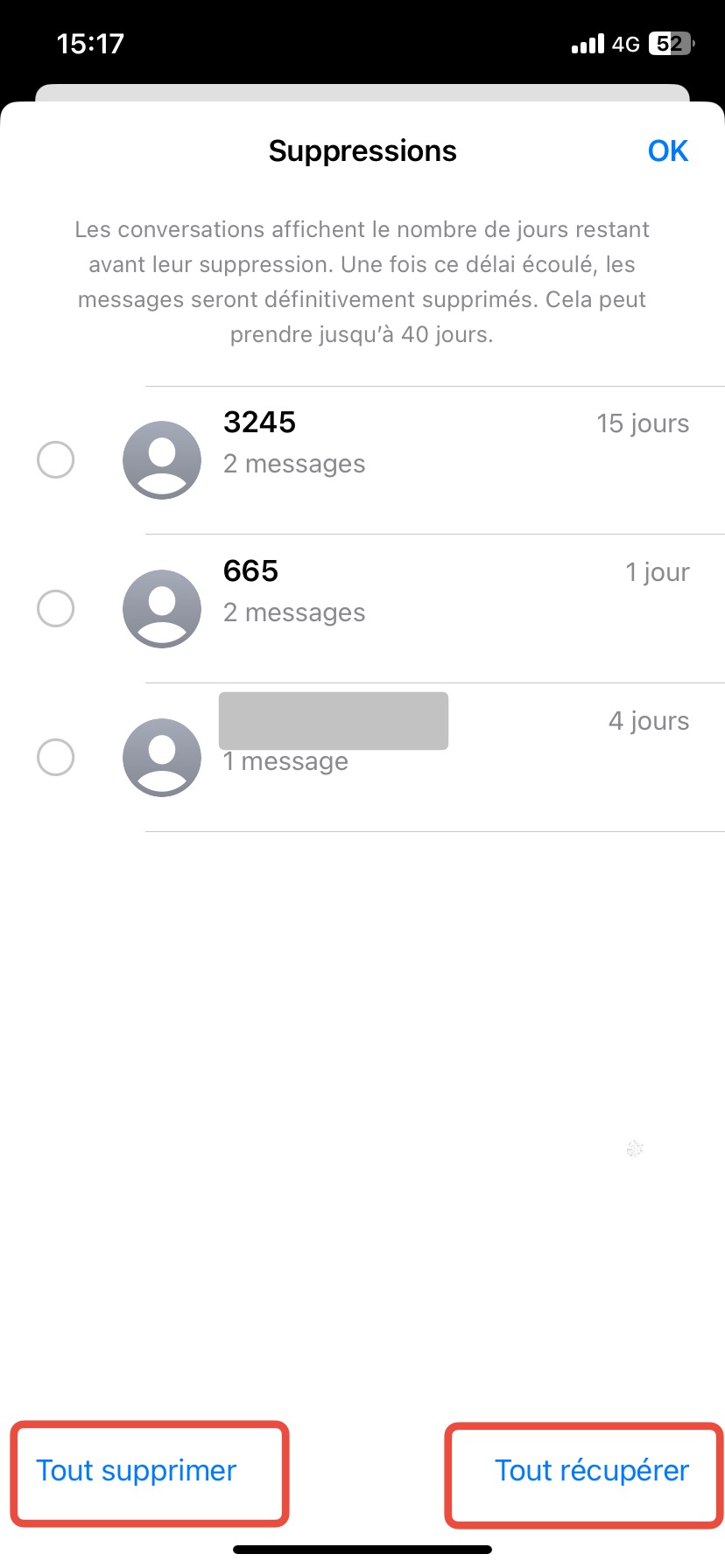 Optez ensuite pour Tout supprimer ou Tout récupérer.