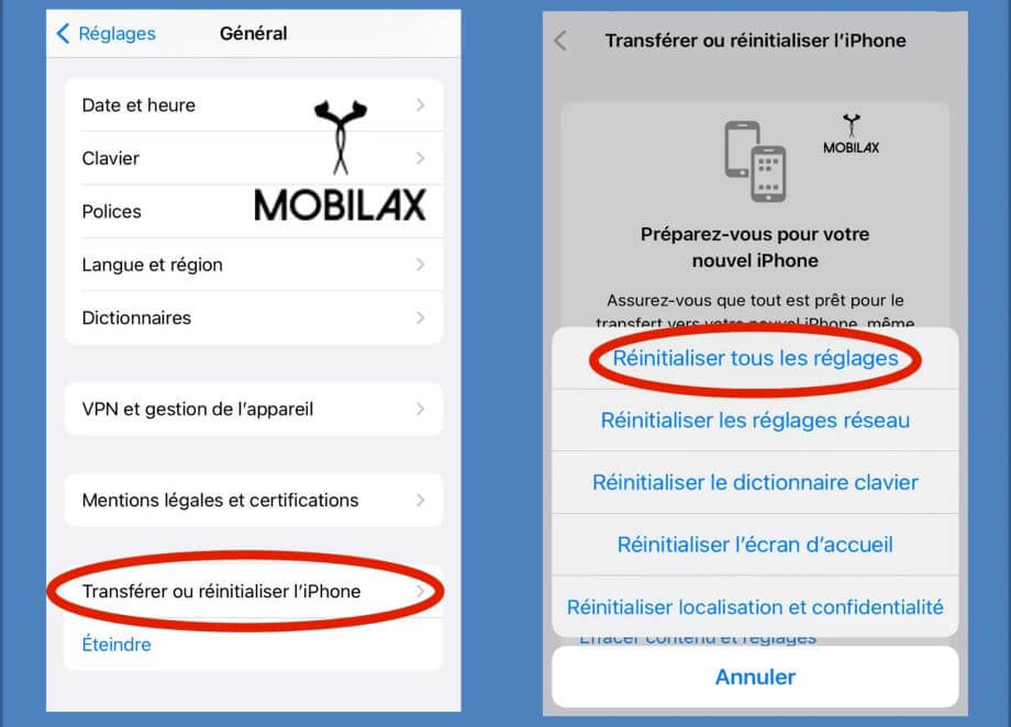 iphone réinitialiser réglage